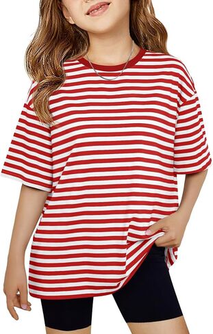 Haloumoning Girls Striped Short Sleeve T Shirts Kids Summer Oversized Tops Casual Crewneck Tees 5-14 Years in Saudi Arabia