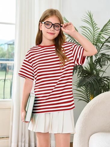 Haloumoning Girls Striped Short Sleeve T Shirts Kids Summer Oversized Tops Casual Crewneck Tees 5-14 Years in Saudi Arabia