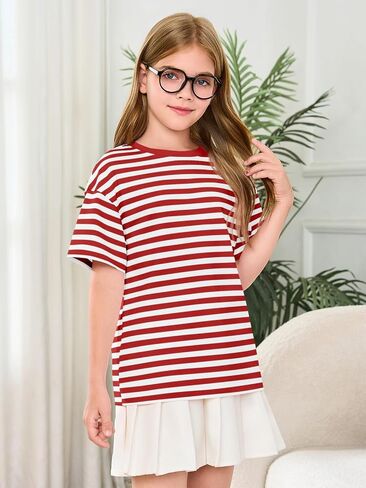 Haloumoning Girls Striped Short Sleeve T Shirts Kids Summer Oversized Tops Casual Crewneck Tees 5-14 Years in Saudi Arabia