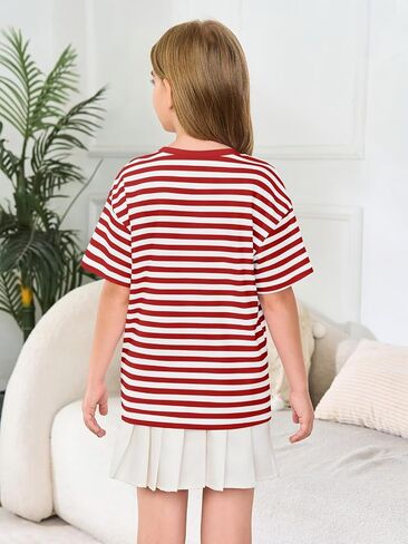 Haloumoning Girls Striped Short Sleeve T Shirts Kids Summer Oversized Tops Casual Crewneck Tees 5-14 Years in Saudi Arabia