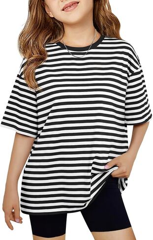 Haloumoning Girls Striped Short Sleeve T Shirts Kids Summer Oversized Tops Casual Crewneck Tees 5-14 Years in Saudi Arabia