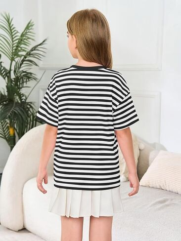 Haloumoning Girls Striped Short Sleeve T Shirts Kids Summer Oversized Tops Casual Crewneck Tees 5-14 Years in Saudi Arabia