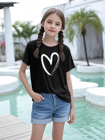 Girls Short Sleeve T Shirts Kids Summer Tops Crewneck Basic Graphic Tees 5-14 Years in Saudi Arabia