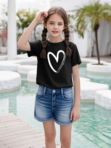 Girls Short Sleeve T Shirts Kids Summer Tops Crewneck Basic Graphic Tees 5-14 Years in Saudi Arabia
