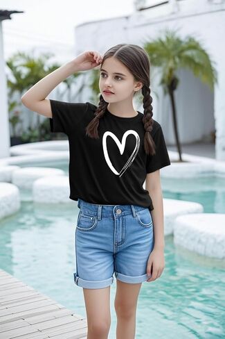 Girls Short Sleeve T Shirts Kids Summer Tops Crewneck Basic Graphic Tees 5-14 Years in Saudi Arabia