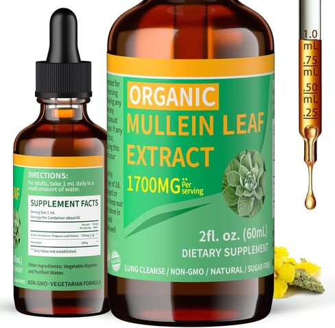1700mg Mullein Drops for Lungs, Organic Mullein Leaf Extract for Lungs Cleanse, Mullein Supplement Tincture Drops for Immune & Respiratory Support, Non-GMO & Vegan, 2 Fl Oz (1) in Saudi Arabia