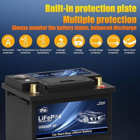 TPE Car Start-Stop Lithium Battery BCI Group47 LiFePO4 Lithium-ion Car Battery Lightweight Design Auto Lithium Battery 12.8V 600A High-Performance Car Battery in Kuwait