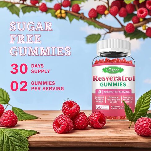 2000mg Organic Resveratrol Gummies for Women - Sugar Free Resveratrol-Nutritional-Supplements for Antioxidant Support, Cellular Health, Immunity, Brain & Energy, Raspberry Flavor, 60 Count in Kuwait