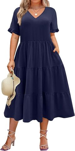 IN'VOLAND Womens Plus Size Short Sleeve Dress Summer Midi Casual Tiered V-Neck Aline Flowy Loose Dresses with Pockets in Saudi Arabia