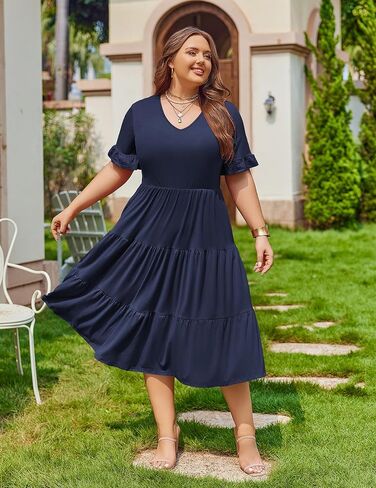IN'VOLAND Womens Plus Size Short Sleeve Dress Summer Midi Casual Tiered V-Neck Aline Flowy Loose Dresses with Pockets in Saudi Arabia