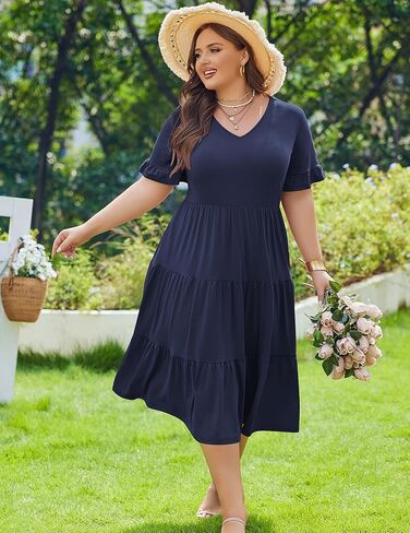 IN'VOLAND Womens Plus Size Short Sleeve Dress Summer Midi Casual Tiered V-Neck Aline Flowy Loose Dresses with Pockets in Saudi Arabia