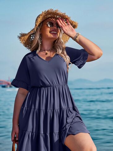 IN'VOLAND Womens Plus Size Short Sleeve Dress Summer Midi Casual Tiered V-Neck Aline Flowy Loose Dresses with Pockets in Saudi Arabia