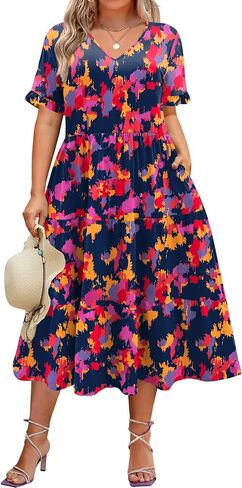 In'Voland Womens بالإضافة إلى حجم قصير فستان الأكمام الصيفية MIDI MIDI غير الرسمي فستان V-Neck Aline Flowy Lourdy مع جيوب in Saudi Arabia