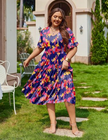 In'Voland Womens بالإضافة إلى حجم قصير فستان الأكمام الصيفية MIDI MIDI غير الرسمي فستان V-Neck Aline Flowy Lourdy مع جيوب in Saudi Arabia