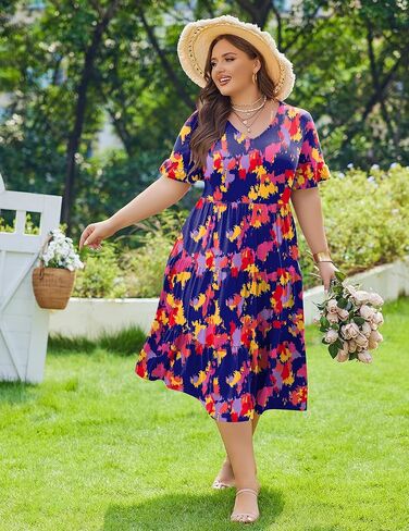 In'Voland Womens بالإضافة إلى حجم قصير فستان الأكمام الصيفية MIDI MIDI غير الرسمي فستان V-Neck Aline Flowy Lourdy مع جيوب in Saudi Arabia