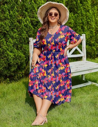 In'Voland Womens بالإضافة إلى حجم قصير فستان الأكمام الصيفية MIDI MIDI غير الرسمي فستان V-Neck Aline Flowy Lourdy مع جيوب in Saudi Arabia