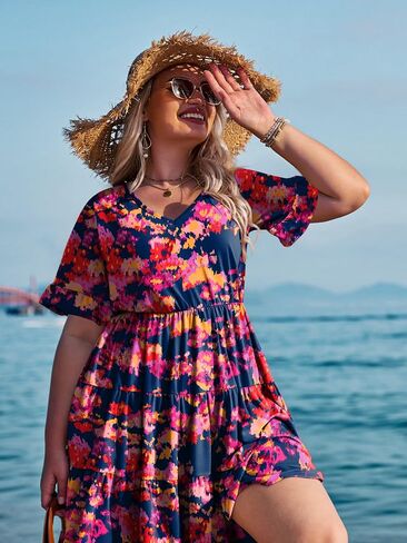 In'Voland Womens بالإضافة إلى حجم قصير فستان الأكمام الصيفية MIDI MIDI غير الرسمي فستان V-Neck Aline Flowy Lourdy مع جيوب in Saudi Arabia
