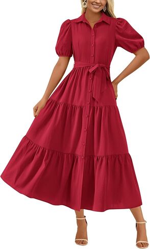MASCOMODA Womens Summer Dresses 2025 Short Sleeve Maxi Dress Casual V Neck Button Down Tiered A Line Flowy Midi Shirt Dress in Saudi Arabia