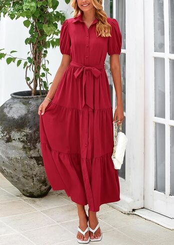 MASCOMODA Womens Summer Dresses 2025 Short Sleeve Maxi Dress Casual V Neck Button Down Tiered A Line Flowy Midi Shirt Dress in Saudi Arabia