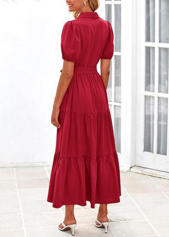 MASCOMODA Womens Summer Dresses 2025 Short Sleeve Maxi Dress Casual V Neck Button Down Tiered A Line Flowy Midi Shirt Dress in Saudi Arabia