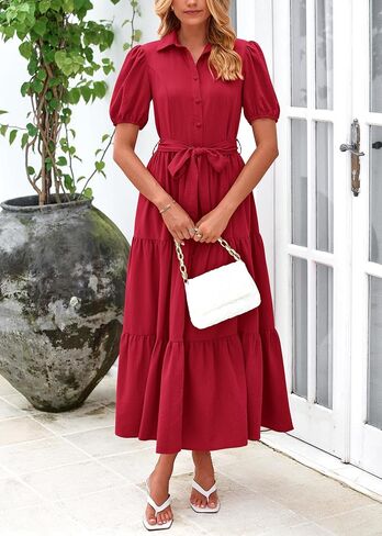 MASCOMODA Womens Summer Dresses 2025 Short Sleeve Maxi Dress Casual V Neck Button Down Tiered A Line Flowy Midi Shirt Dress in Saudi Arabia