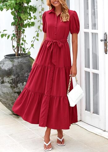 MASCOMODA Womens Summer Dresses 2025 Short Sleeve Maxi Dress Casual V Neck Button Down Tiered A Line Flowy Midi Shirt Dress in Saudi Arabia