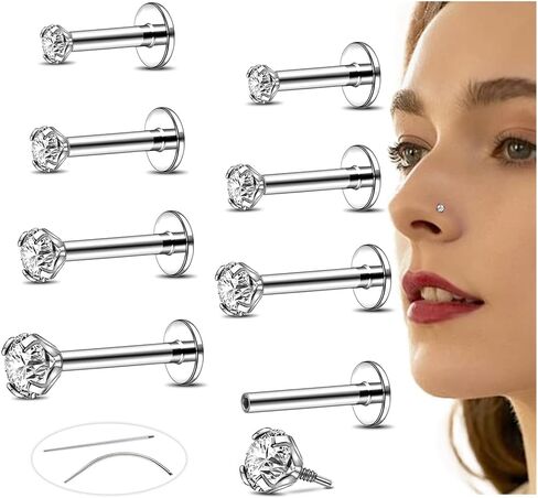 16G/18G Flat Back Earrings Studs Internal Thread Nose Stud CZ Nose Rings for Women Men Surgical Steel Lip Rings Labret Tragus Nostril Helix Cartilage Piercing Jewelry in Saudi Arabia