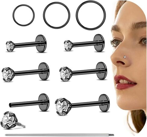 16G/18G Flat Back Earrings Studs Internal Thread Nose Stud CZ Nose Rings for Women Men Surgical Steel Lip Rings Labret Tragus Nostril Helix Cartilage Piercing Jewelry in Saudi Arabia