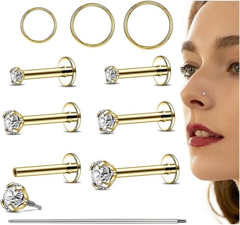 16G/18G أقراط مسطحة الأوجه الخلفية ترصيع الخيط الداخلي أنف أنف CZ حلقات الأنف للنساء خواتم الشفاه الفولاذية الجراحية in Saudi Arabia