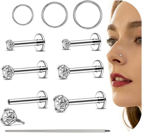 16G/18G Flat Back Earrings Studs Internal Thread Nose Stud CZ Nose Rings for Women Men Surgical Steel Lip Rings Labret Tragus Nostril Helix Cartilage Piercing Jewelry in Saudi Arabia