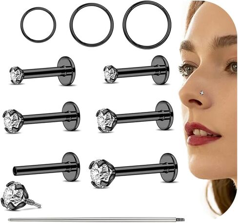 16G/18G Flat Back Earrings Studs Internal Thread Nose Stud CZ Nose Rings for Women Men Surgical Steel Lip Rings Labret Tragus Nostril Helix Cartilage Piercing Jewelry in Saudi Arabia