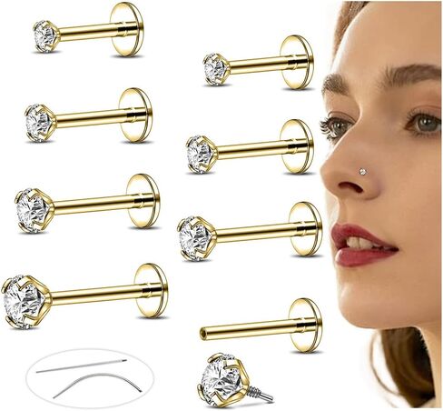 16G/18G Flat Back Earrings Studs Internal Thread Nose Stud CZ Nose Rings for Women Men Surgical Steel Lip Rings Labret Tragus Nostril Helix Cartilage Piercing Jewelry in Saudi Arabia