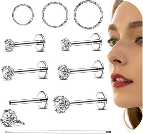 16G/18G Flat Back Earrings Studs Internal Thread Nose Stud CZ Nose Rings for Women Men Surgical Steel Lip Rings Labret Tragus Nostril Helix Cartilage Piercing Jewelry in Saudi Arabia