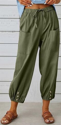 Womens Capri Pants Cotton Linen Cropped Trousers Summer Wide Leg Drawstring High Waist Palazzo Pants with Pockets in Saudi Arabia