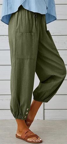 Womens Capri Pants Cotton Linen Cropped Trousers Summer Wide Leg Drawstring High Waist Palazzo Pants with Pockets in Saudi Arabia