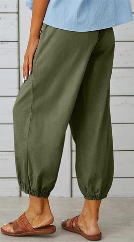 Womens Capri Pants Cotton Linen Cropped Trousers Summer Wide Leg Drawstring High Waist Palazzo Pants with Pockets in Saudi Arabia