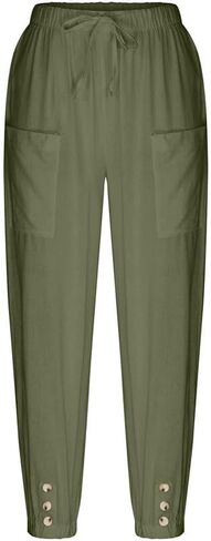 Womens Capri Pants Cotton Linen Cropped Trousers Summer Wide Leg Drawstring High Waist Palazzo Pants with Pockets in Saudi Arabia