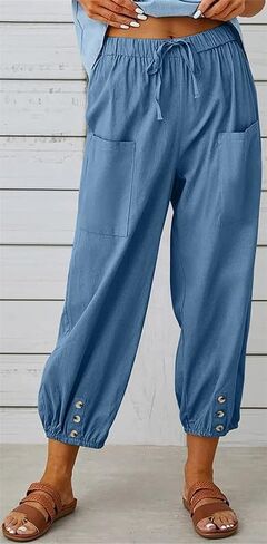 Womens Capri Pants Cotton Linen Cropped Trousers Summer Wide Leg Drawstring High Waist Palazzo Pants with Pockets in Saudi Arabia