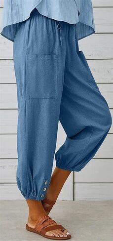 Womens Capri Pants Cotton Linen Cropped Trousers Summer Wide Leg Drawstring High Waist Palazzo Pants with Pockets in Saudi Arabia