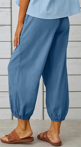 Womens Capri Pants Cotton Linen Cropped Trousers Summer Wide Leg Drawstring High Waist Palazzo Pants with Pockets in Saudi Arabia