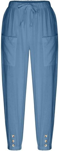 Womens Capri Pants Cotton Linen Cropped Trousers Summer Wide Leg Drawstring High Waist Palazzo Pants with Pockets in Saudi Arabia