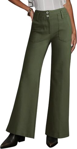 miduo Womens Solid Stretchy Buttons Wide Leg Straight Leg Long Flare Pants Trousers with Pockets in Saudi Arabia