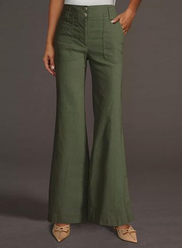 miduo Womens Solid Stretchy Buttons Wide Leg Straight Leg Long Flare Pants Trousers with Pockets in Saudi Arabia