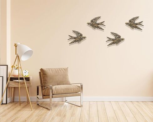 AMOIENSIS Bird Wall Art Decoration Sculpture(Set of 2) 4¾ inch Resin Bird Wall Hanging Decor 3D Sculpted Floating Wall Sculpture, Antique Golden Accent 3D Birds Living Room Wall Hanging Ornament Decor in Kuwait