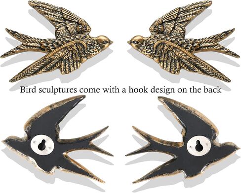 AMOIENSIS Bird Wall Art Decoration Sculpture(Set of 2) 4¾ inch Resin Bird Wall Hanging Decor 3D Sculpted Floating Wall Sculpture, Antique Golden Accent 3D Birds Living Room Wall Hanging Ornament Decor in Kuwait