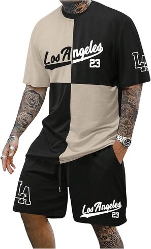 Men's 2 Piece Outfits Number Graphic Short Sleeve Shirts & Drawstring Waist Track Shorts Tracksuits Set in Kuwait