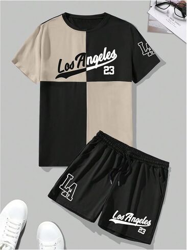 Men's 2 Piece Outfits Number Graphic Short Sleeve Shirts & Drawstring Waist Track Shorts Tracksuits Set in Kuwait