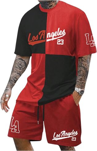 Men's 2 Piece Outfits Number Graphic Short Sleeve Shirts & Drawstring Waist Track Shorts Tracksuits Set in Kuwait