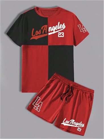 Men's 2 Piece Outfits Number Graphic Short Sleeve Shirts & Drawstring Waist Track Shorts Tracksuits Set in Kuwait