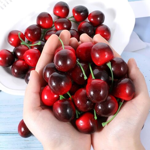 50 PCS Artificial Red Cherries, Fake Cherry Model Lifelike Fruit Cherry Ornament Simulation Cherry Fake Fruit Model Fake Candy for Party Home Kitchen Dining Decoration (Black Red) in Saudi Arabia
